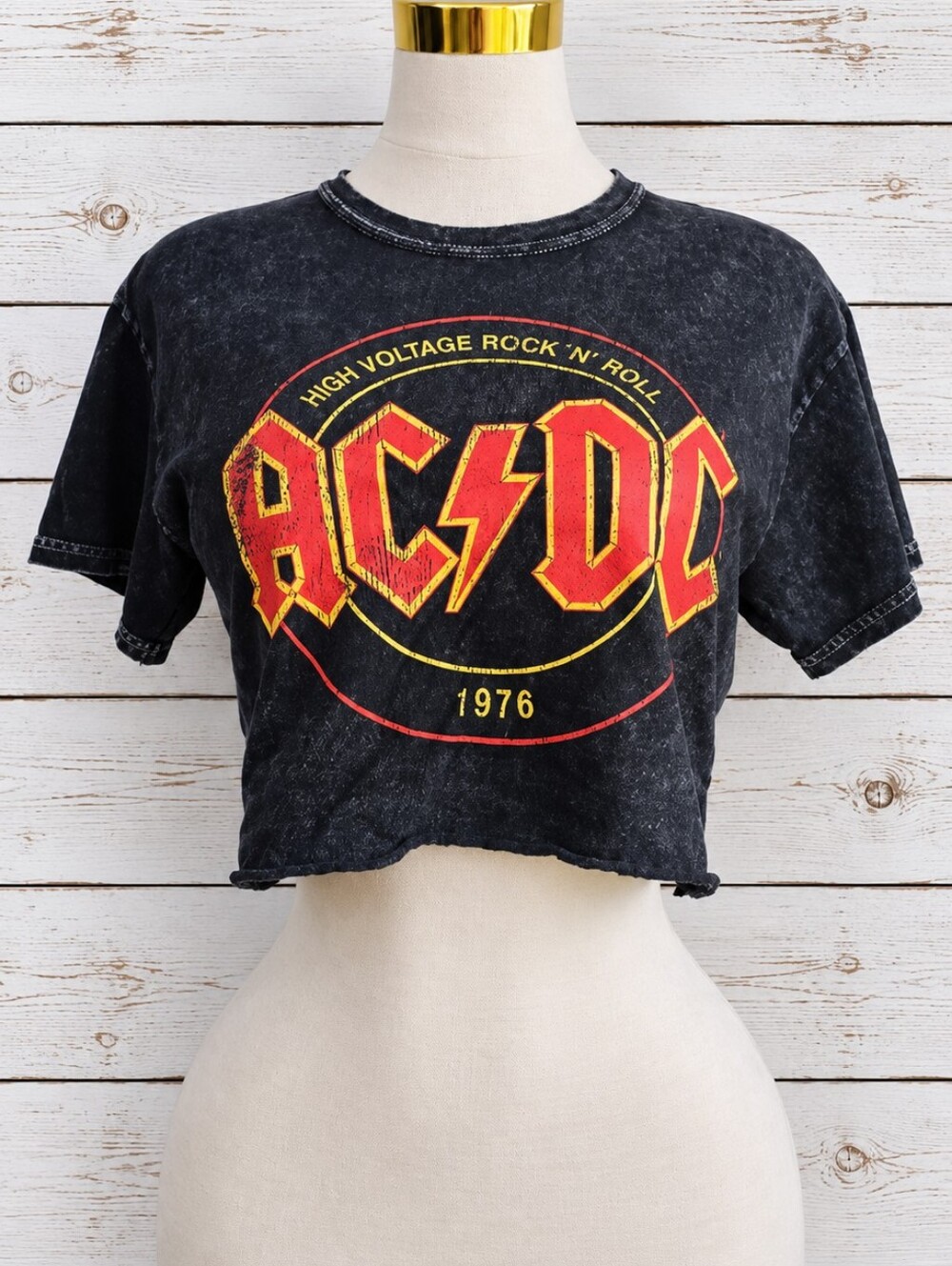 AC/DC High Voltage Rock N Roll 1976 UK Tour Acid Wash Black Tee Size M Cropped